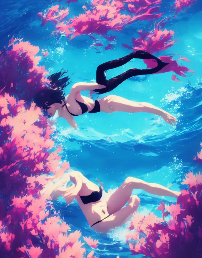 Prompt: a woman swimming underwater in a black bikini, underwater view, vibrant colors, psychadellic colors, matte, art by ilya kuvshinov and kyoto animation and ruan jia and ross tran, studio quality, aniplex,