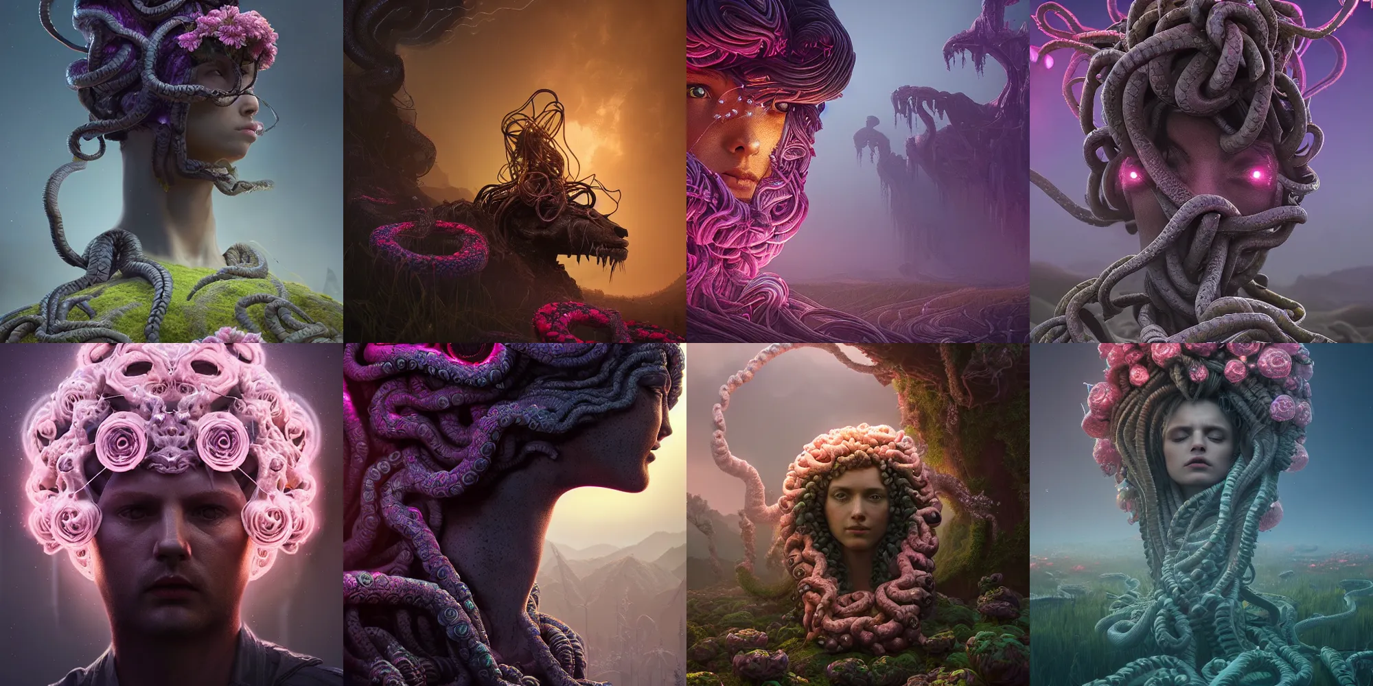 Prompt: beautiful dark landscape, highly detailed medusa gorgon head gaze, beautiful flowers growing in the style of beeple and mike winkelmann, intricate, epic lighting, cinematic composition, hyper realistic, 8 k resolution, unreal engine 5,