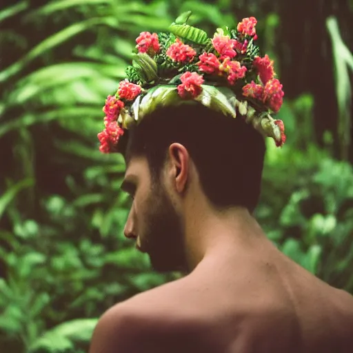 Image similar to close up kodak portra 4 0 0 photograph of a skinny guy standing in a dark exotic jungle, back view, flower crown, moody lighting, telephoto, 9 0 s vibe, blurry background, vaporwave colors, faded!,