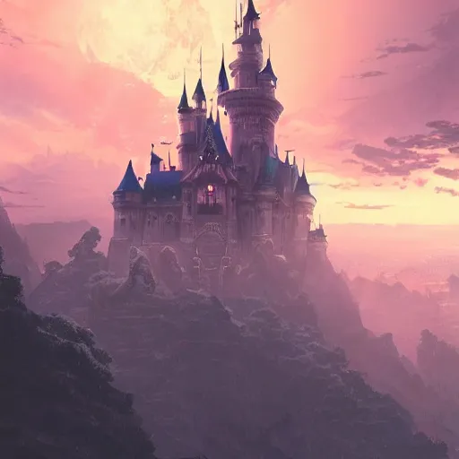 Image similar to An imposing and highly ornamented fantasy castle, Carved from Sapphire stone, Atmosphere, Dramatic lighting, Beautiful Landscape, Epic composition, Wide angle, by Makoto Shinkai