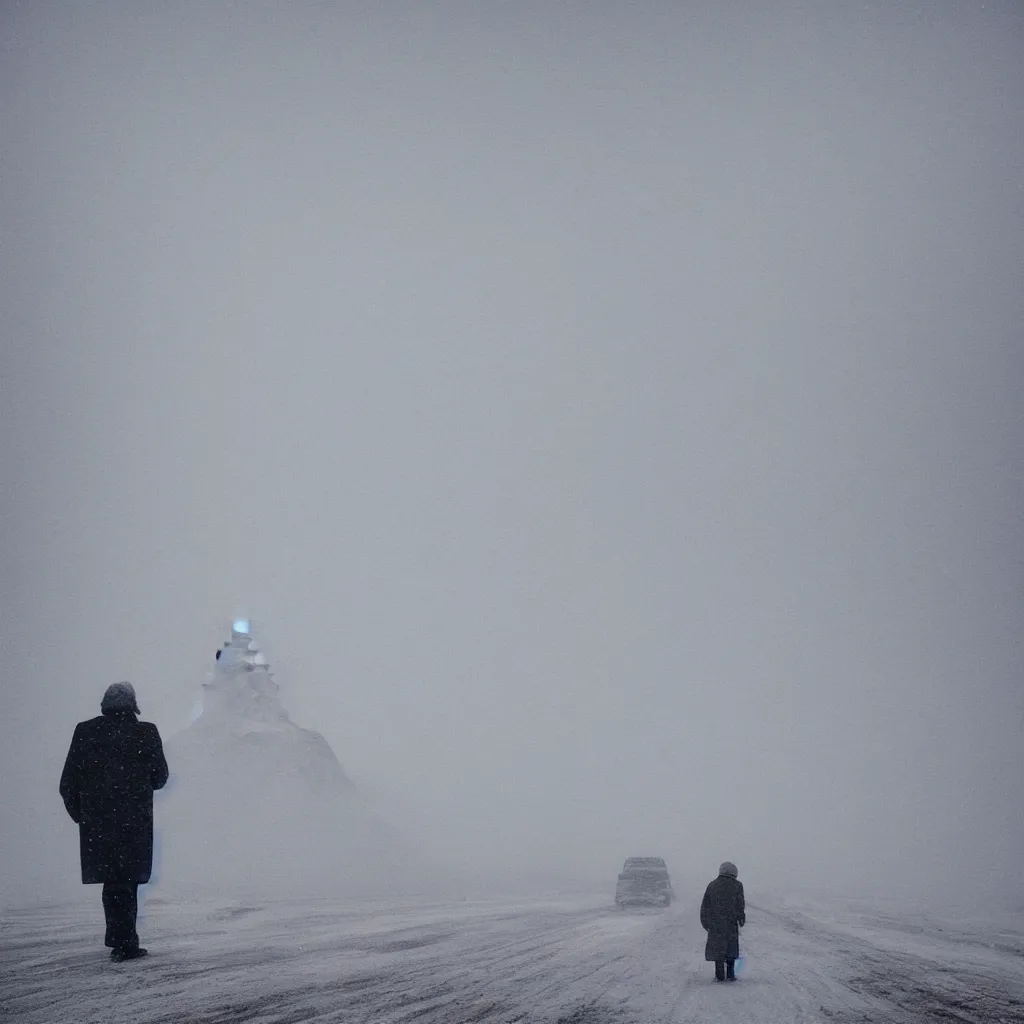 Image similar to photo of shiprock, new mexico during a snowstorm. a old man in a trench coat and a cane appears hazy in the distance, looking back over his shoulder. cold color temperature, snow storm. hazy atmosphere. humidity haze. kodak ektachrome, greenish expired film, award winning, low contrast,