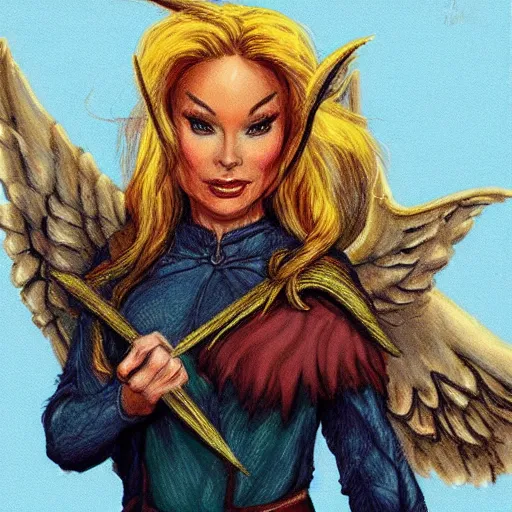 Image similar to Character portrait, face close up: Half Elf Female Celestial Warlock (with imp familiar). Tori Amos avenging angel. In the style of Ralph Horsley