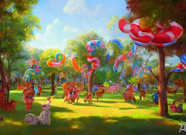 Image similar to candy zoo park for a game candy themed, top angle, oil painting by jama jurabaev, extremely detailed, brush hard, artstation, for aaa game, high quality, brush stroke