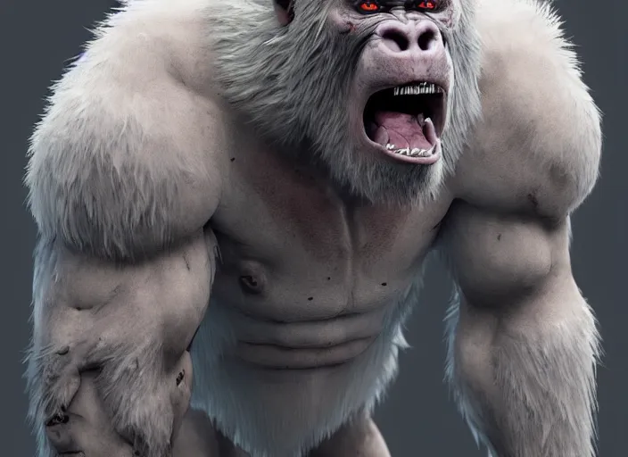 Image similar to extremely scary angry old tough rough looking albino warrior gorilla. scars, scary, gruffness, interesting 3 d character concept by square enix, in the style of league of legends, hyper detailed, cinematic, final fantasy, character concept, ray tracing, fur details, maya, c 4 d, artstation