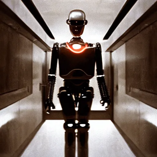 Image similar to movie scene of a man with a robot head, menacing, movie still, cinematic composition, cinematic light, criterion collection, reimagined by industrial light and magic, Movie by David Lynch and Ridley Scott