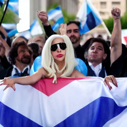 Image similar to Lady Gaga as president, Argentina presidential rally, Argentine flags behind, bokeh, giving a speech, detailed face, Argentina