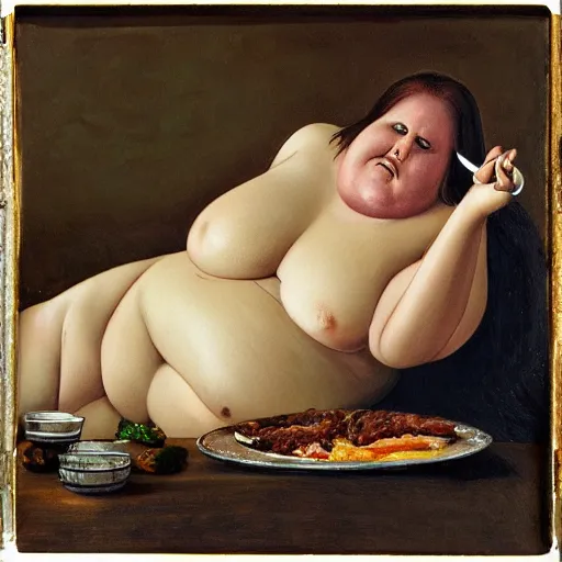 Image similar to a morbidly obese woman eating food with belly out, highly detailed, epic lighting, hyper photorealism, 8 k