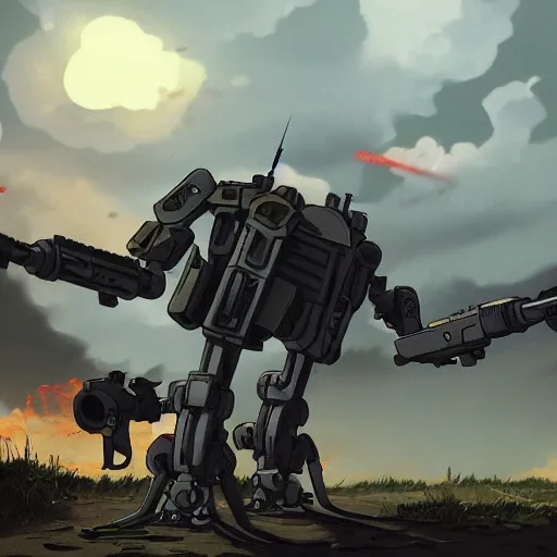 Image similar to a mech with guns on each arm preparing for combat, battlefield, dead trees, fire, smoke, dark clouds, slightly sunny, ominous, intense, epic, extremely detailed, cinematic lighting, studio ghibli, anime, steampunk,