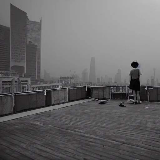 Image similar to a small rooftop with a couple of modern teenagers, standing and talking to each other, highly detailed, wearing black modern clothes, modern shanghai bund is on the background, dust, sunset, by gregory crewdson