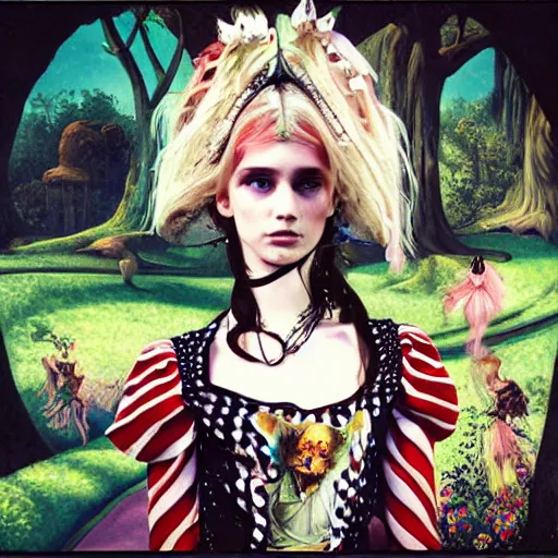 Prompt: Alice in wonderland, she looks like a mix of grimes, Lana Del Rey and zoë Kravitz, in the style of Möbius, inspired by neoclassical paintings, Alexander McQueen, and Escher drawings