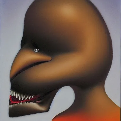 Prompt: a beautiful digital art of a giant head. the head is bald and has a big nose. the eyes are wide open and have a crazy look. the mouth is open and has sharp teeth. the neck is long and thin. hygge by richard hamilton ornamented