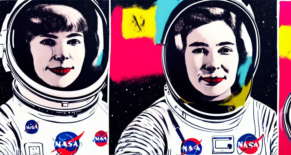 Image similar to a triptych of close up portraits of a very ordinary young woman in a NASA spacesuit, by andy warhol, colorful screenprint and scrawled charcoal lettering, anatomically correct, beautiful perfect face, sharp focus, Highly Detailed, Cinematic Lighting, 8k, HD