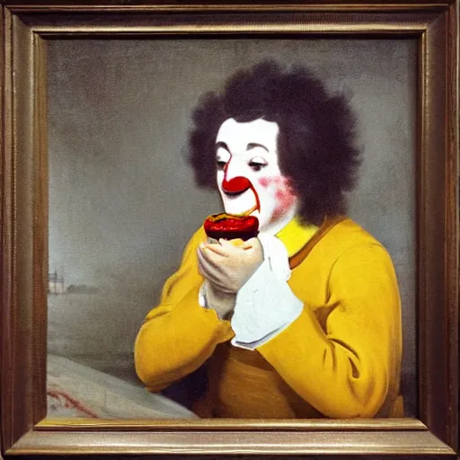 Image similar to ronald mcdonald eating a hamburger, painting by fransisco goya