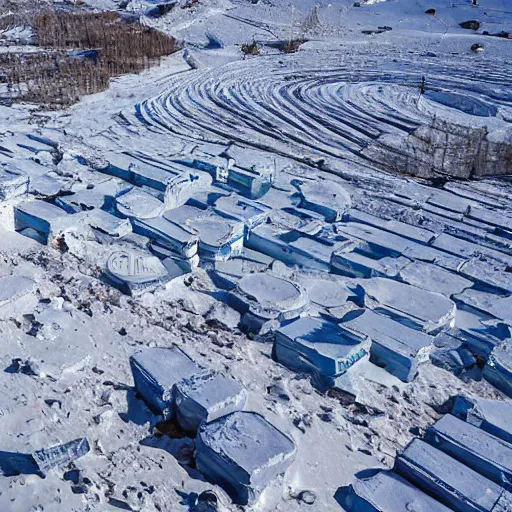 Prompt: sattelite image of post pocaliptic snow from 250 meters height, old lumber mill remains, few crates with wood and supply, beautiful icy area