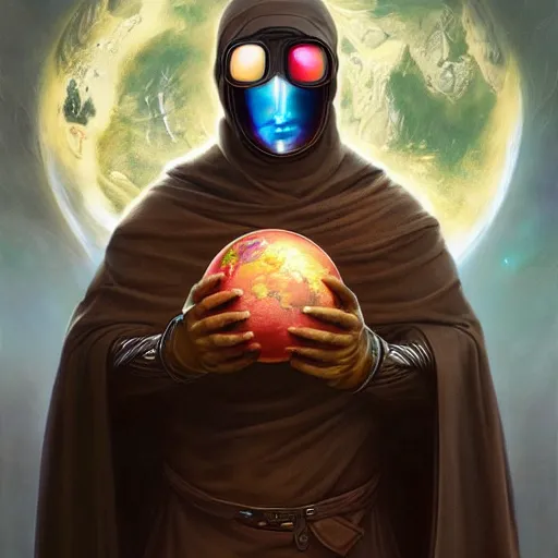 Image similar to masked nomad male wearing a cloak on an alien world and holding a holographic planet projection in his hand, detailed, sci - fi, digital painting, artstation, sharp focus, illustration, ominous, artgerm, tomasz alen kopera, peter mohrbacher, donato giancola, joseph christian leyendecker, wlop, frank frazetta