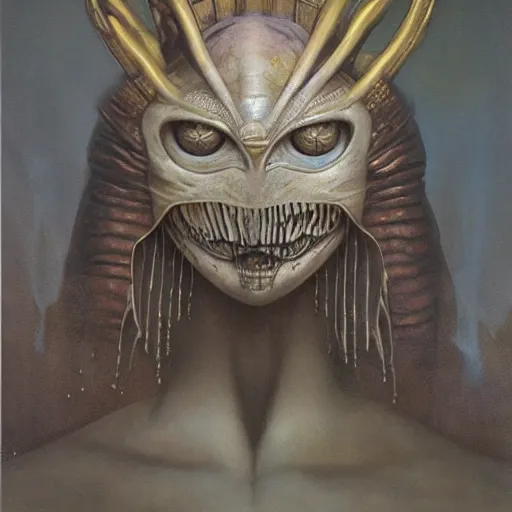 Image similar to Alien King in white imperial clothing, mantle, gold mask by Giger and Beksinski