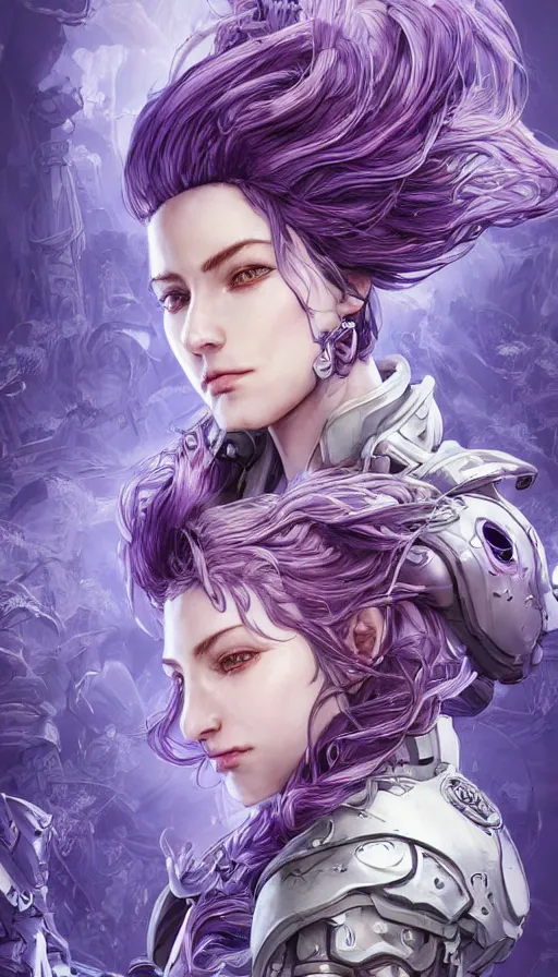 Image similar to portrait of a pale woman in power armor with flowing purple hair, elegant, stoic, intense, ultrafine hyperdetailed illustration by kim jung gi, irakli nadar, intricate linework, sharp focus, bright colors, octopath traveler, final fantasy, hearthstone, highly rendered, global illumination, radiant light, detailed, intricate environment