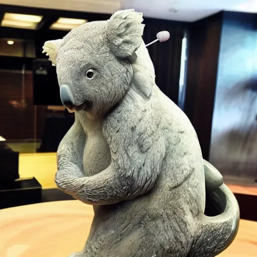 Image similar to “ a marble statue of a koala dj in front of a marble statue of a turntable. the koala has wearing large marble headphones. ”