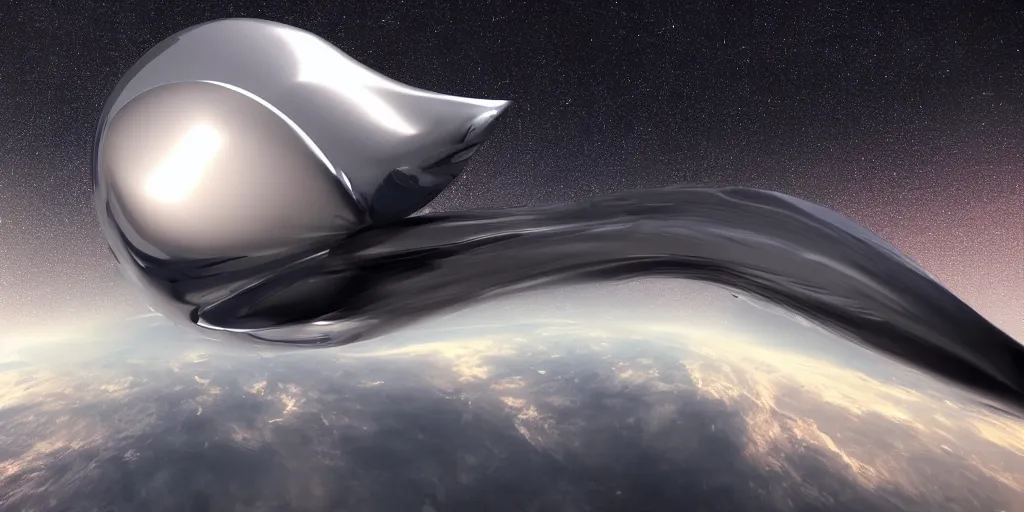 Image similar to chrome blob flying through space futuristic hyperspeed photorealistic render unreal ultrawide