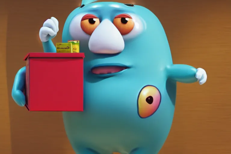 Prompt: an anthropomorphic sassy jelly bean, moving a box, pixar