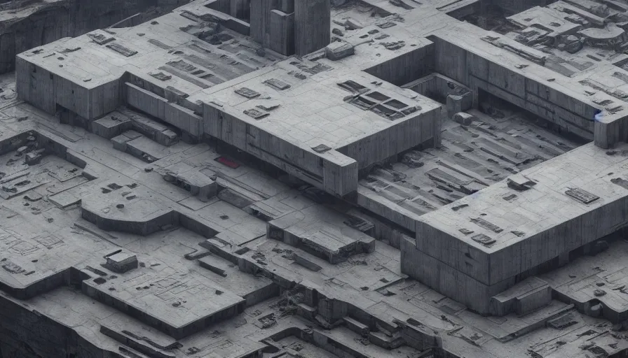 Image similar to big brutalist imperial military base on cliffs, drawing architecture, very long shot, top angle, imperial architecture in star wars, pritzker architecture prize, brutalism architecture, jan urschel, greig fraser