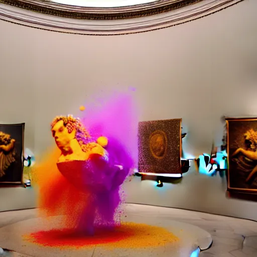 Image similar to photo of color powder explosion in art gallery, metropolitan museum of art, hellenistic sculptures, particles, fine detail