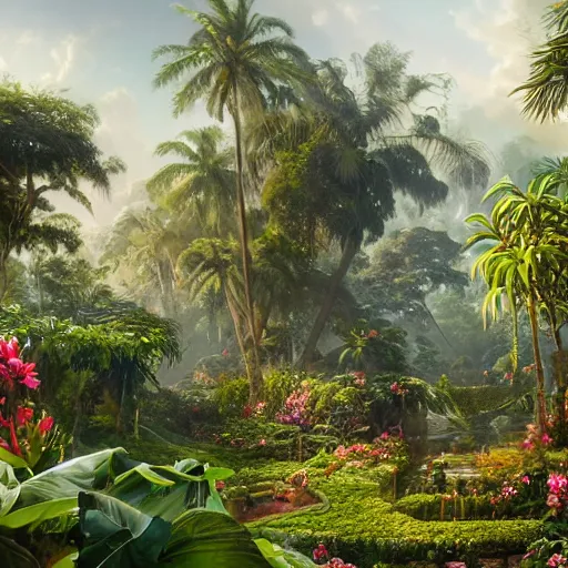 Image similar to a highly detailed matte painting of a garden hedge with tropical flowers, large palm trees, epic fantasy, god rays, ultrawide lens, aerial photography, unreal engine, exquisite detail, 8 k, art by greg rutkowski and alphonse mucha