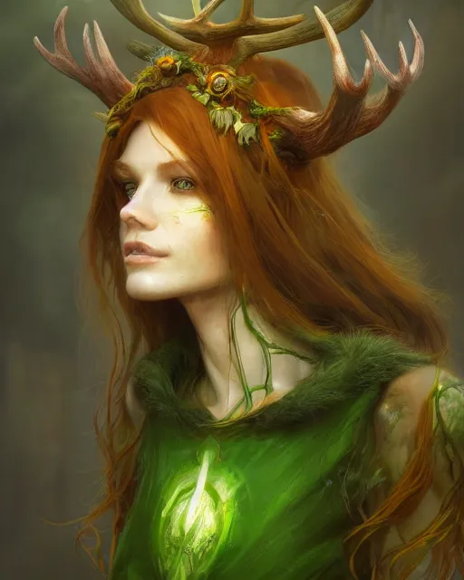 Prompt: female druid, perfect face, thin antlers, green tunic, ginger hair, cinematic, stunning, highly detailed, digital painting, artstation, smooth, hard focus, illustration, art by jessica rossier and and brian froud