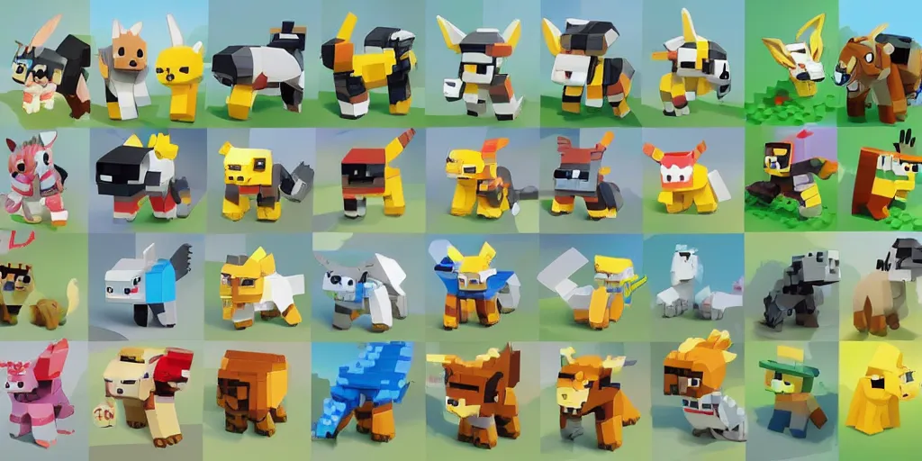 Prompt: small creatures made of a single brick, four legged, quadrupedal, cute looking, kawaii, sharp focus, character sheet, game concept art, blocky, lego mixels, japanese, flat toon style like katamari damacy inspired, pokemon inspired, blocky like minecraft