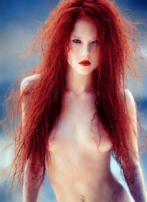 Prompt: award winning 8 5 mm portrait photo of a redhead in a part by luis royo.