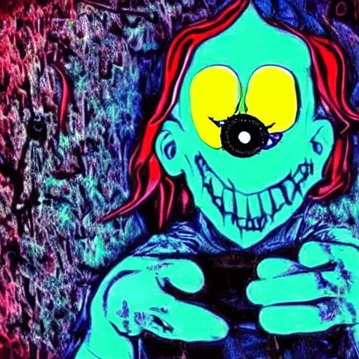 Prompt: horrifying creepypasta image, high contrast, saturated colors, creepy eyes and smile