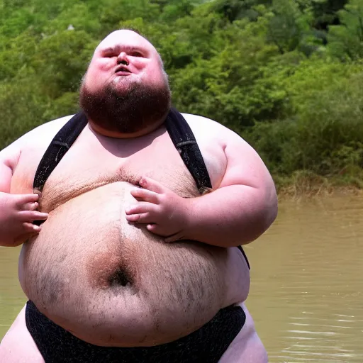 Image similar to dramatic photo of a fat man in a swimsuit holding and licking the worlds largest toad