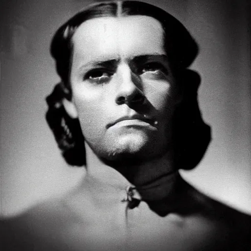 Prompt: a haunting portrait of an aristocratic warrior, headshot, stage lighting, kodak eastman double - x black - and - white 5 2 2 2 film stock, panavision millennium xl 2, 1 9 3 0 s -'4 0 s baltar lenses