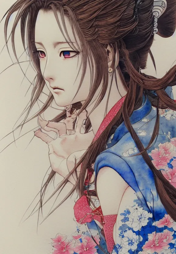 Image similar to a full-body watercolor painting of Aerith Gainsborough by Yoshitaka Amano, ukiyo-e, nouveau, concept art, 80's fantasy art, highly detailed, intricate, trending on artstation, award-winning