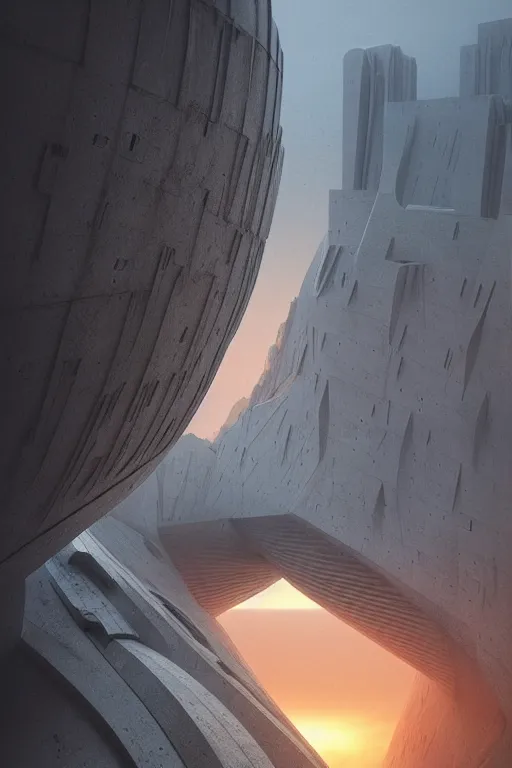 Image similar to sci - fi concrete brutalist architecture in the italian dolomites, zaha hadid, beksinski, oil painting, photoreal, highly detailed, 8 k, hd, vray, artstation, cinematic matte painting, extreme detail photo quality, sunset, featured on behance