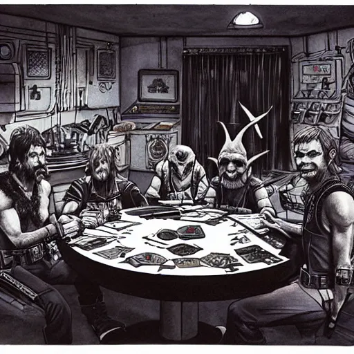 Image similar to scruffy punk starship crew sitting at table and playing dungeons & dragons, extraterrestrials, alien 1 9 7 9, ron cobb, jim henson creature shop, mike mignogna, highly detailed, comic book, science fiction, used future