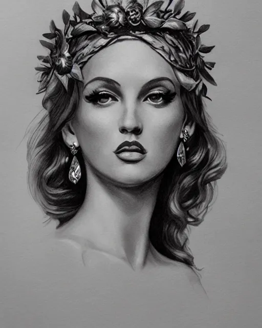 Image similar to realism tattoo sketch of mariyln monroe as a beautiful greek goddess aphrodite with piercing eyes wearing a laurel wreath and triangle earrings, in the style of greg rutkowski, amazing detail