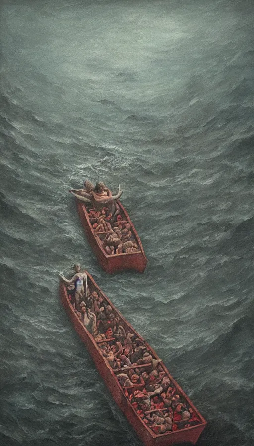 Image similar to man on boat crossing a body of water in hell with creatures in the water, sea of souls, by dan witz