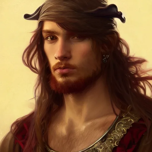 Image similar to portrait of a young ferocious pirate, male, masculine, upper body, red hair, long hair, soft hair, D&D, fantasy, intricate, elegant, highly detailed, digital painting, artstation, concept art, matte, sharp focus, illustration, art by Artgerm and Greg Rutkowski and Alphonse Mucha