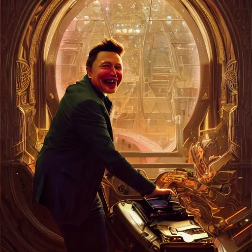 Image similar to Portrait of Elon Musk laughing hysterically as stock prices crash, fantasy, intricate, elegant, highly detailed, digital painting, artstation, concept art, matte, sharp focus, illustration, art by Artgerm and Greg Rutkowski and Alphonse Mucha, portrait