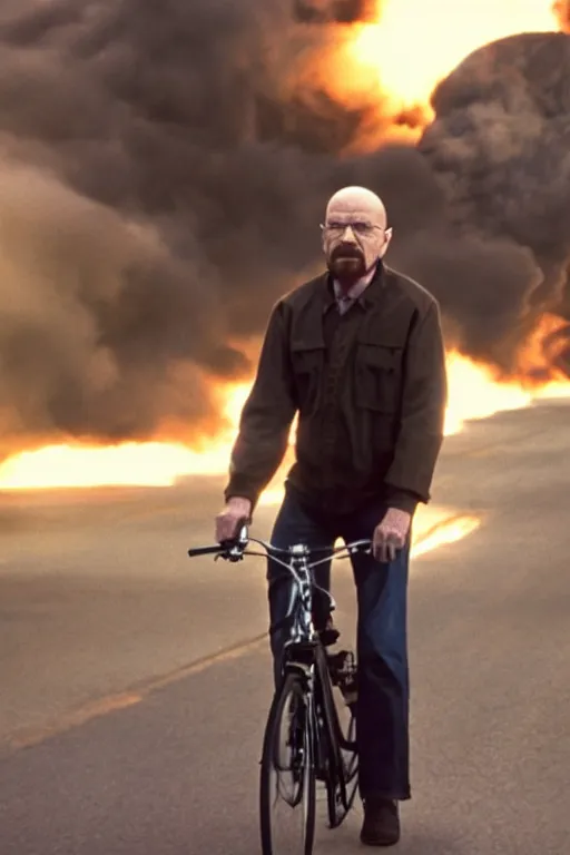 Image similar to photo of walter white riding a bike with an exploding building behind him, color, cinematic lighting