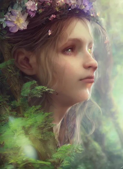 Prompt: portrait of a gorgeous fairy princess of the forest, 8k render, ultra realistic, cinematic lighting, artstation, Annie Leibovitz, artgerm