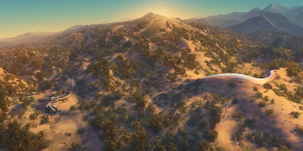 Image similar to let freedom ring from the curvaceous slopes of california. ultrafine highly detailed hyper realistic colorful illustration, unreal engine highly rendered, global illumination, radiant light, intricate and detailed environment