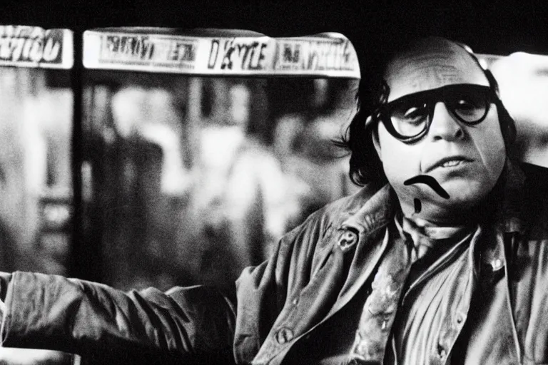 Image similar to film still of Danny Devito as Travis Bickle in Taxi Driver