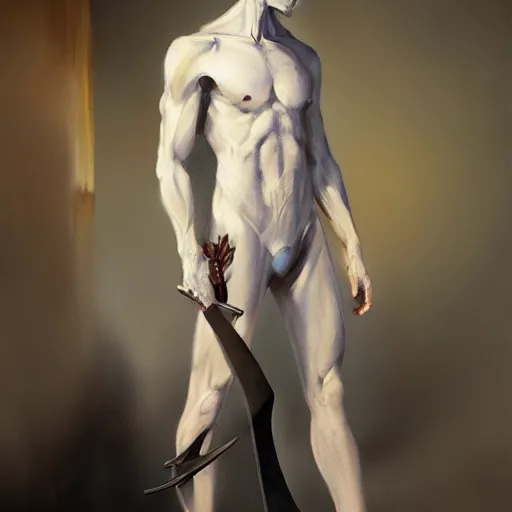 Image similar to fantasy painting of a pale man dressed in robes with a black blade, painted by Bayard Wu, ultra detailed, 8k