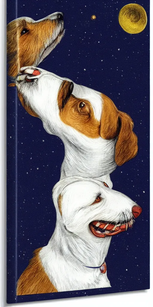 Image similar to portrait of jack russel dog looking up and howling with mouth open sad, night sky, highly detailed, side view, illustrated by peggy fortnum and beatrix potter and sir john tenniel