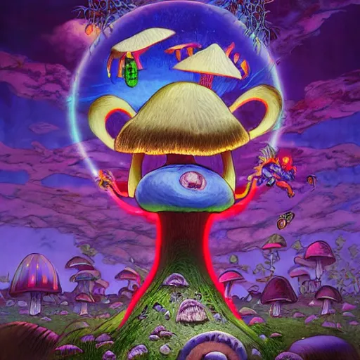 Image similar to 4 k headshot portrait of a psychedelic demonic anthropomorphic bunny rabbit with mushroom themed clothes, magic mushroom village in background by jeff easley, award winning, stylized neon, post - processing, masterpiece, superb resolution. in the art style of junji ito and greg rutkowski. detailed mushroom city in background. hyper realistic anime. perfect art. dalle 2