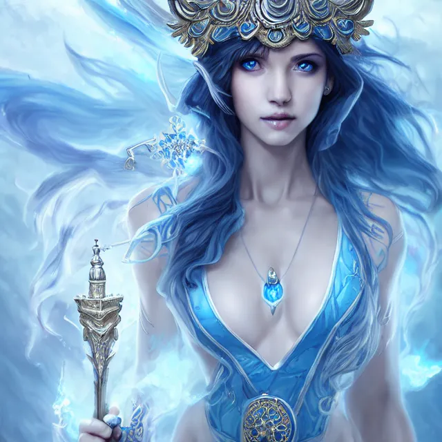 Image similar to beautiful elemental sky witch with ornate white and blue robes and staff, highly detailed, 4 k, hdr, smooth, sharp focus, high resolution, award - winning photo, artgerm, photorealistic