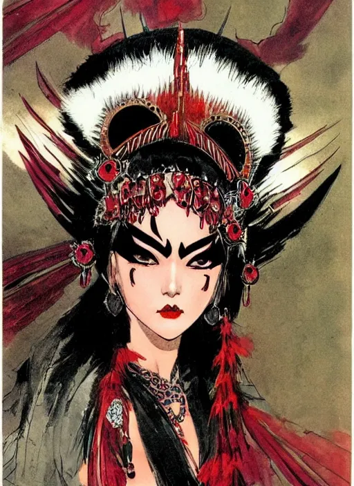 Image similar to mighty female korean vampiress, jeweled headdress, heavy mascara, strong line, saturated color, beautiful! coherent! by frank frazetta, high contrast, minimalism