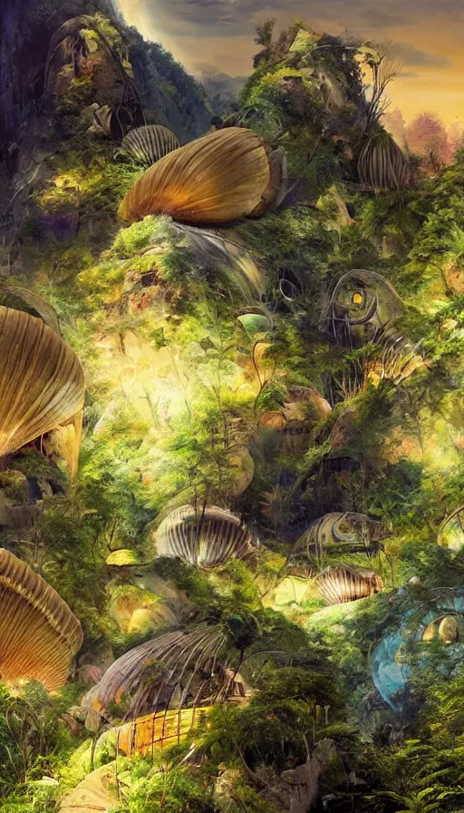 Prompt: beautiful portrait of bamboo living pods shaped like a sea shell built on the side of a cliff, the time machine, alien habitat, ufo by john berkey, ssci - fi, futuristic valley, rendered in octane, zbrush, art by artgerm, artwork by alex grey and brian froud and esao andrews and david hardy and arik brauer